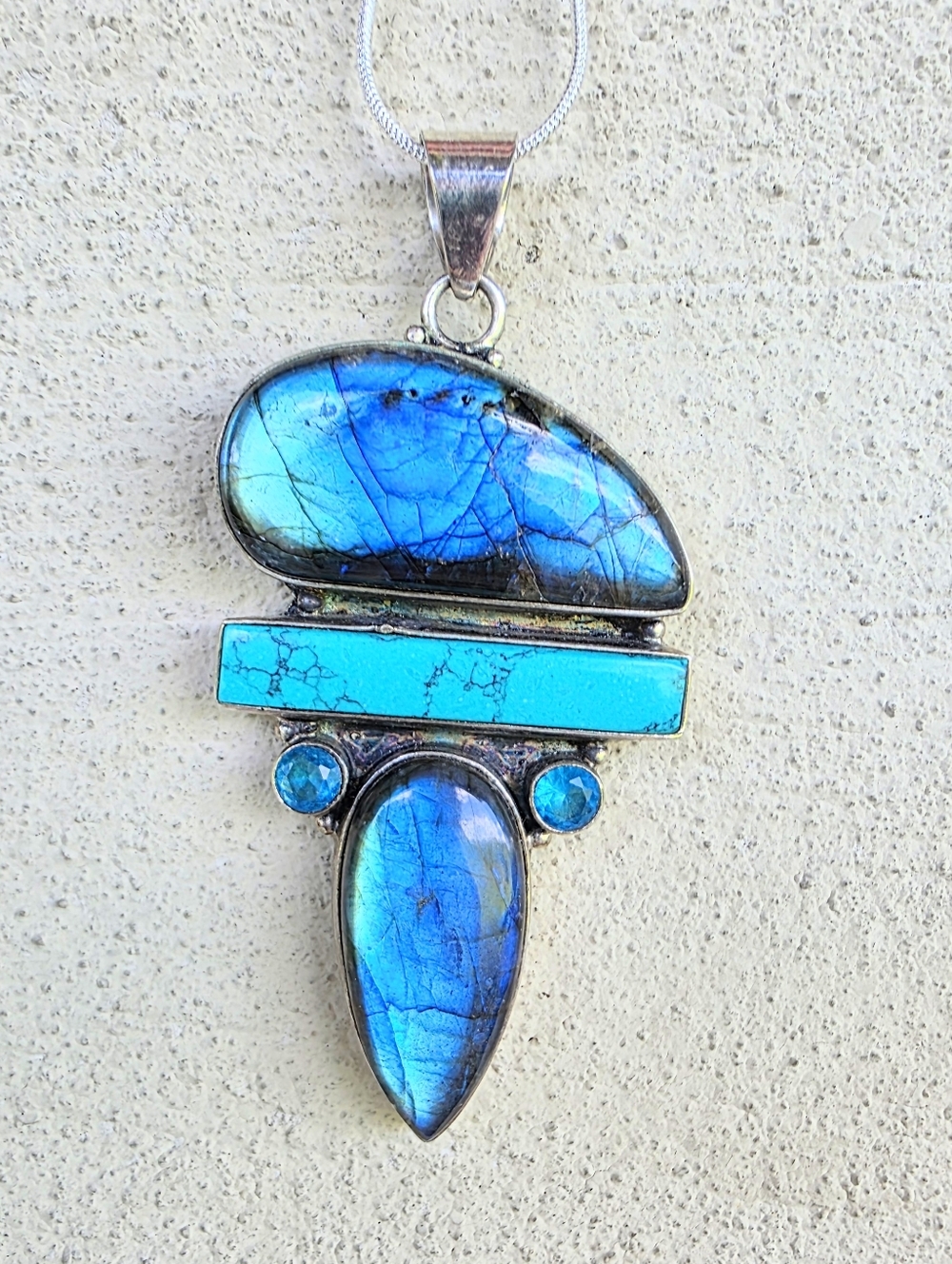 Labradorite, Turquoise, and Blue Topaz Pendant In 925 Sterling Silver (3")